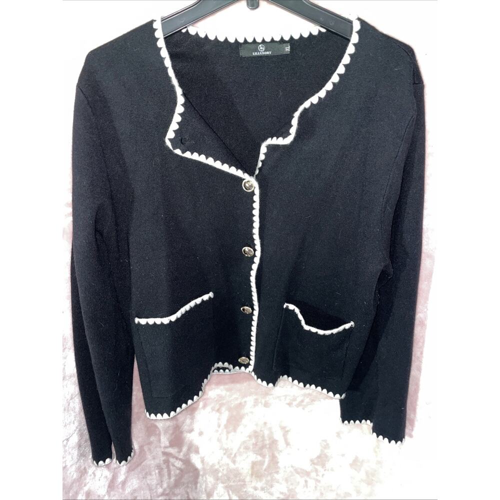 NWT Lillusory Size XLCardigan Blk White Trim Women's Sweater 2-Pockets CLASSY!
